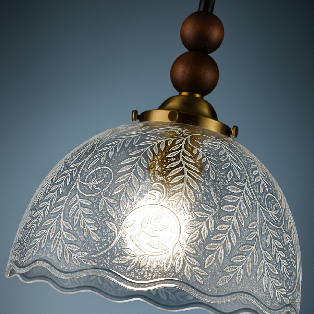 Rustic Carved Wood-Bead Glass Pendant Light